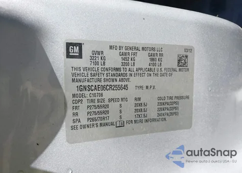 2012 Chevrolet Tahoe Ls z USA, uszkodzony, nr VIN 1GNSCAE06CR255645